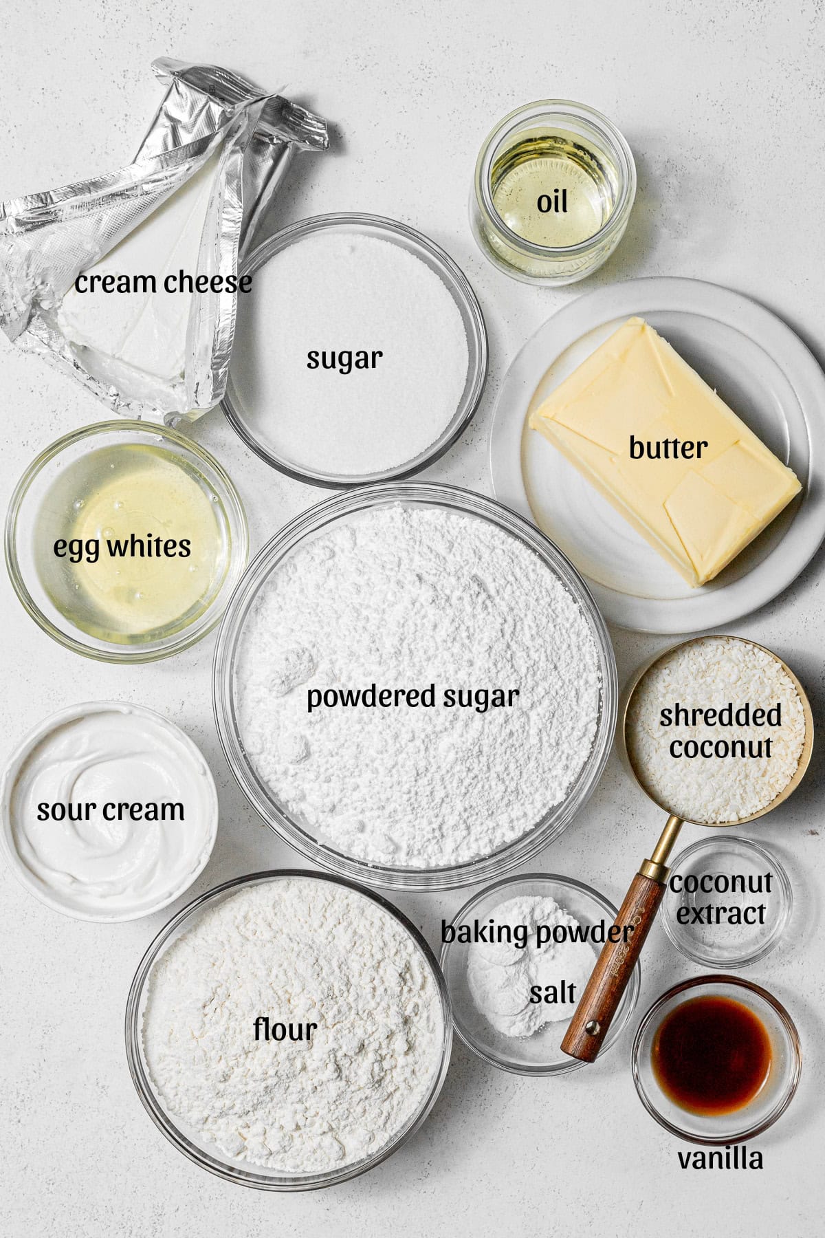 Coconut Snowball Cake ingredients.