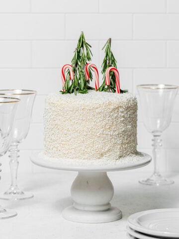 coconut snowball cake on cake stand.