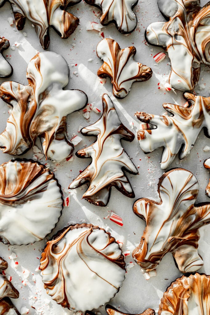 peppermint bark cookies on baking sheet.