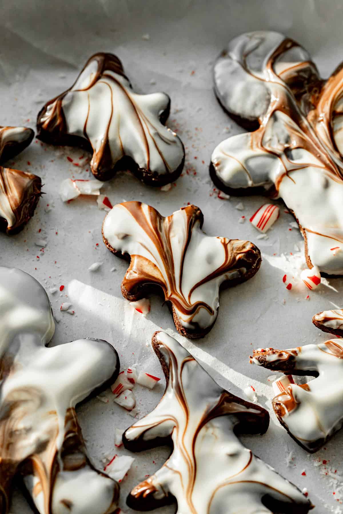 Chocolate Peppermint Bark Sugar Cookies on parchment paper.