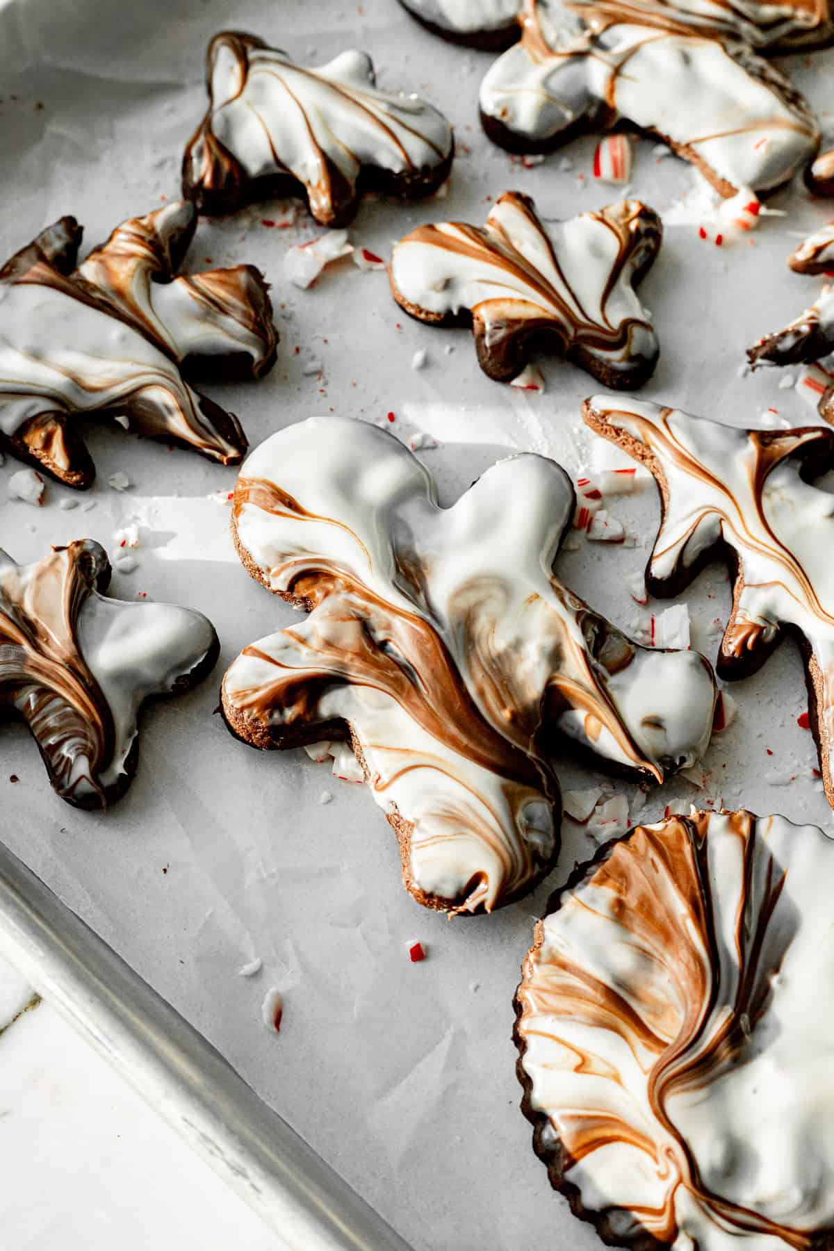Chocolate Peppermint Bark Sugar Cookies on baking sheet.
