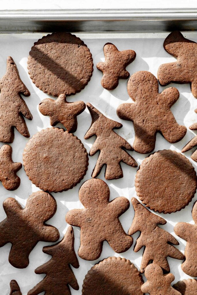 baked chocolate sugar cookies on baking sheet.