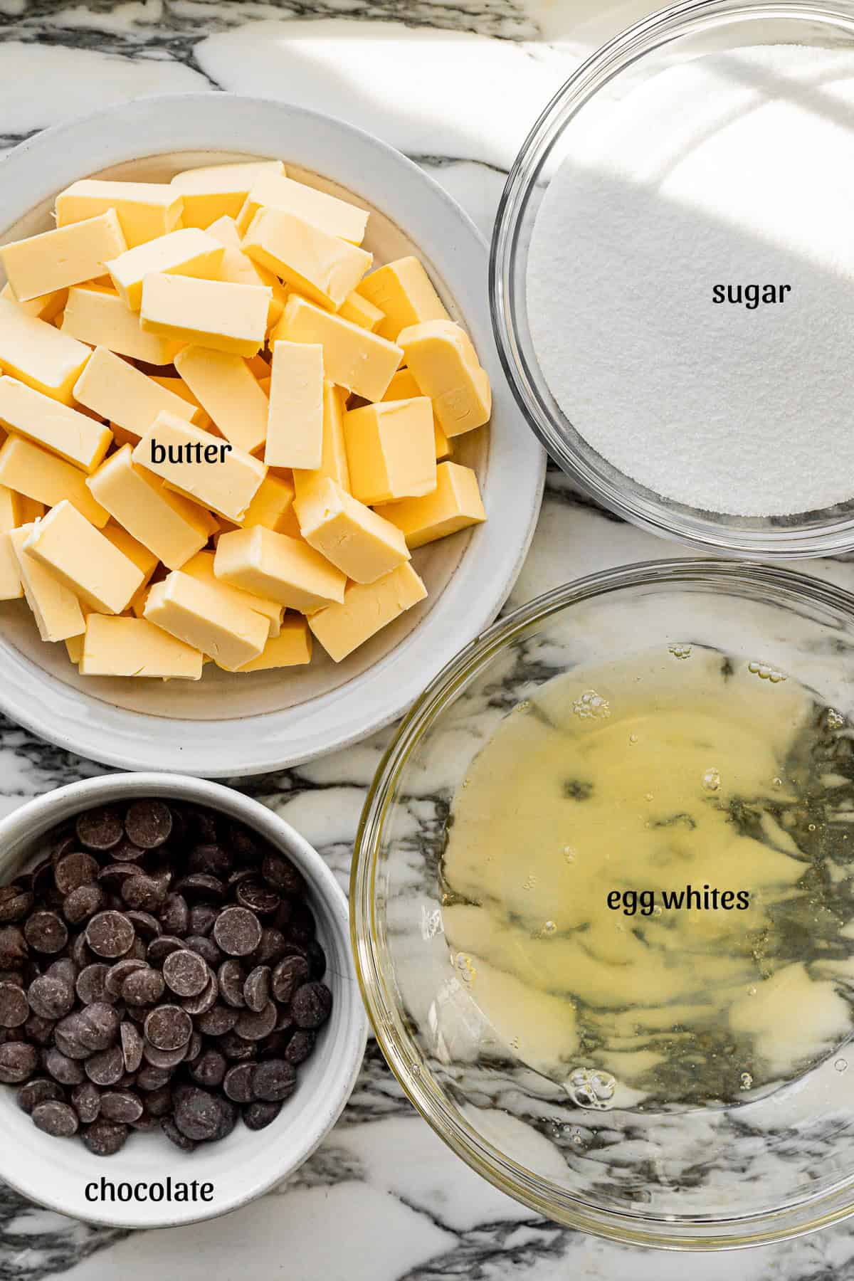 ingredients for chocolate Swiss meringue buttercream.