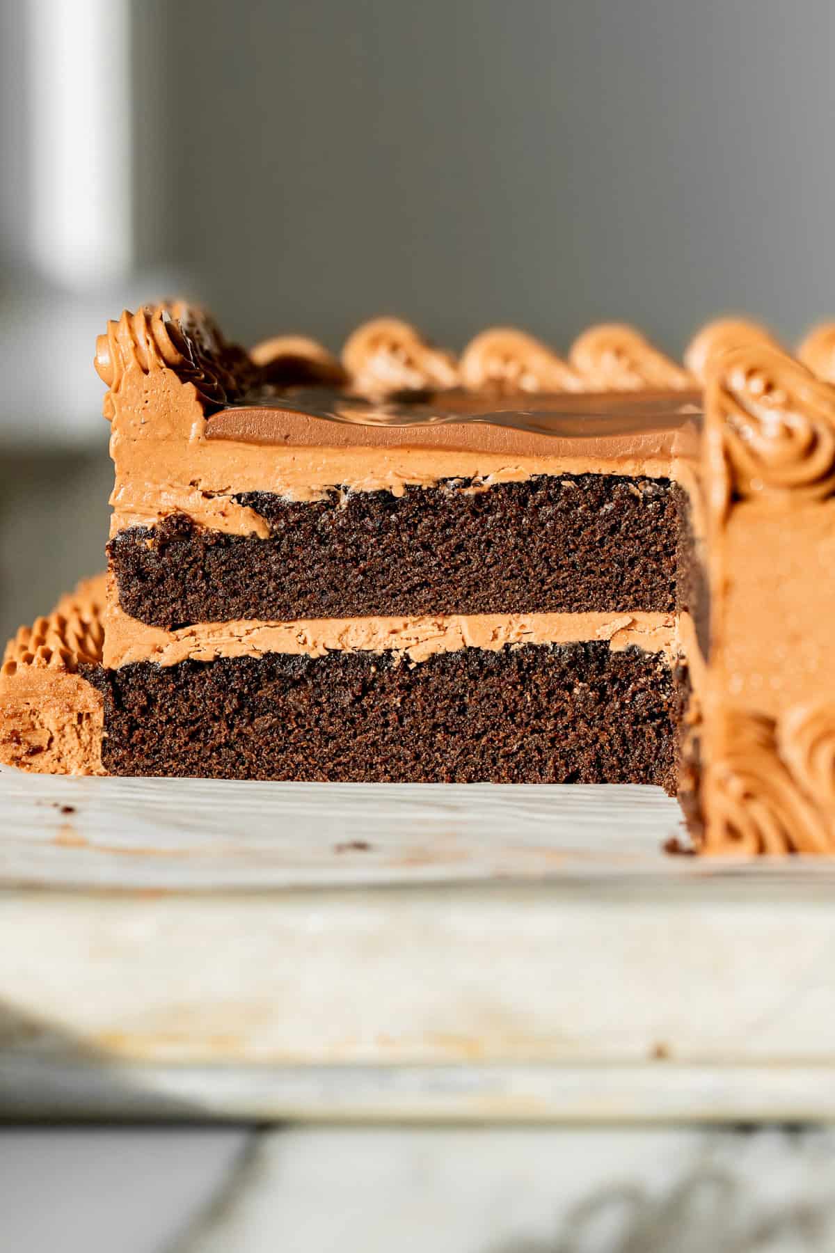 cross section of Sheet Pan Chocolate Birthday Cake. 
