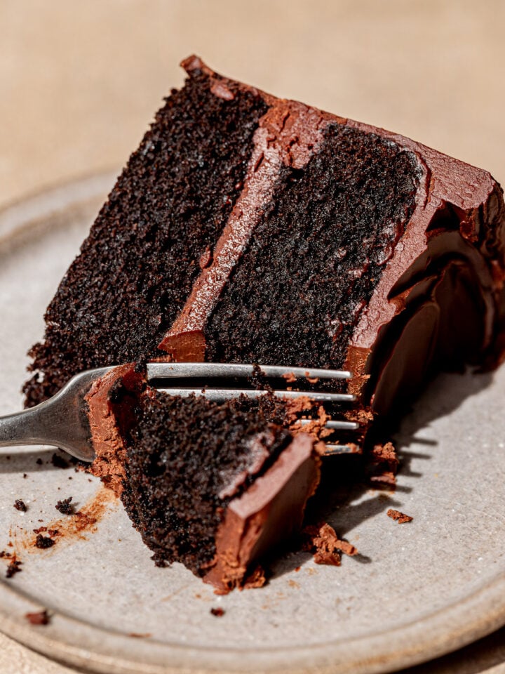 9-Inch Chocolate Fudge Cake slice on plate.