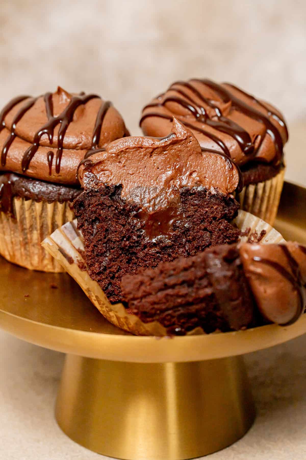 Chocolate Ganache Cupcake cut in half.