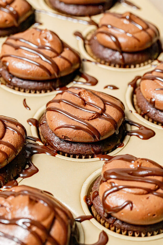 assembled cupcakes in pan.