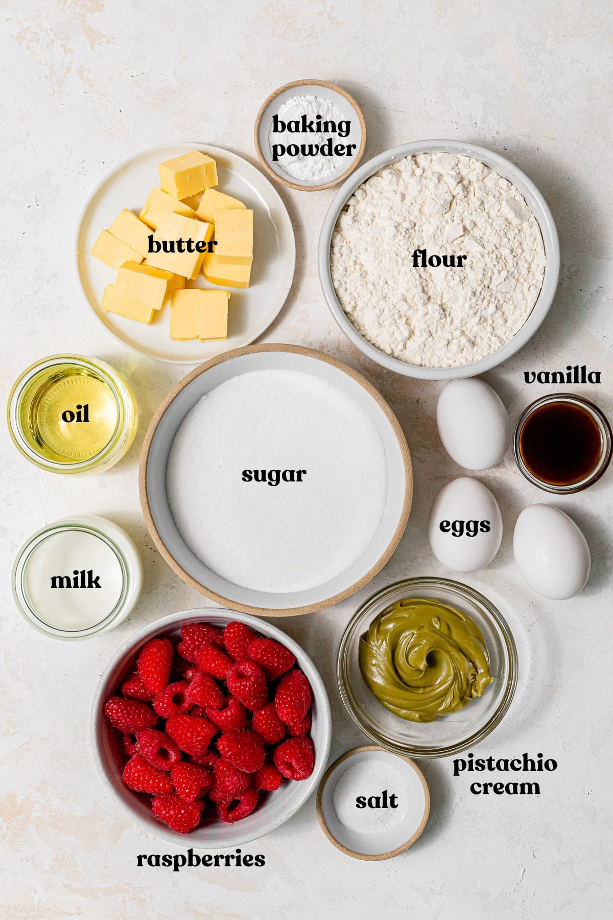 Pistachio Raspberry Cake ingredients.