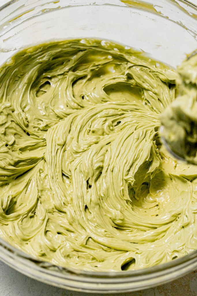 pistachio French buttercream in bowl.