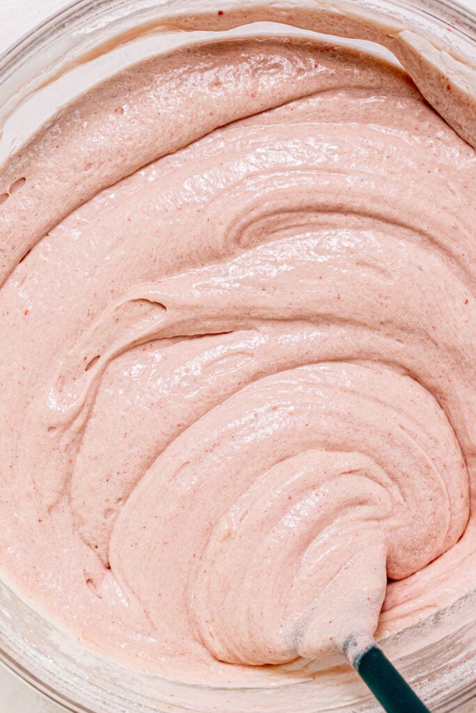 raspberry cake batter in bowl.