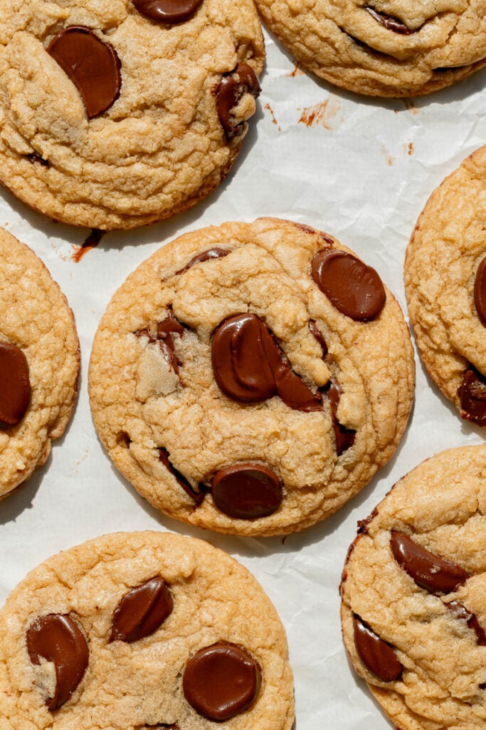 30 minute chocolate chip cookies on baking sheet.