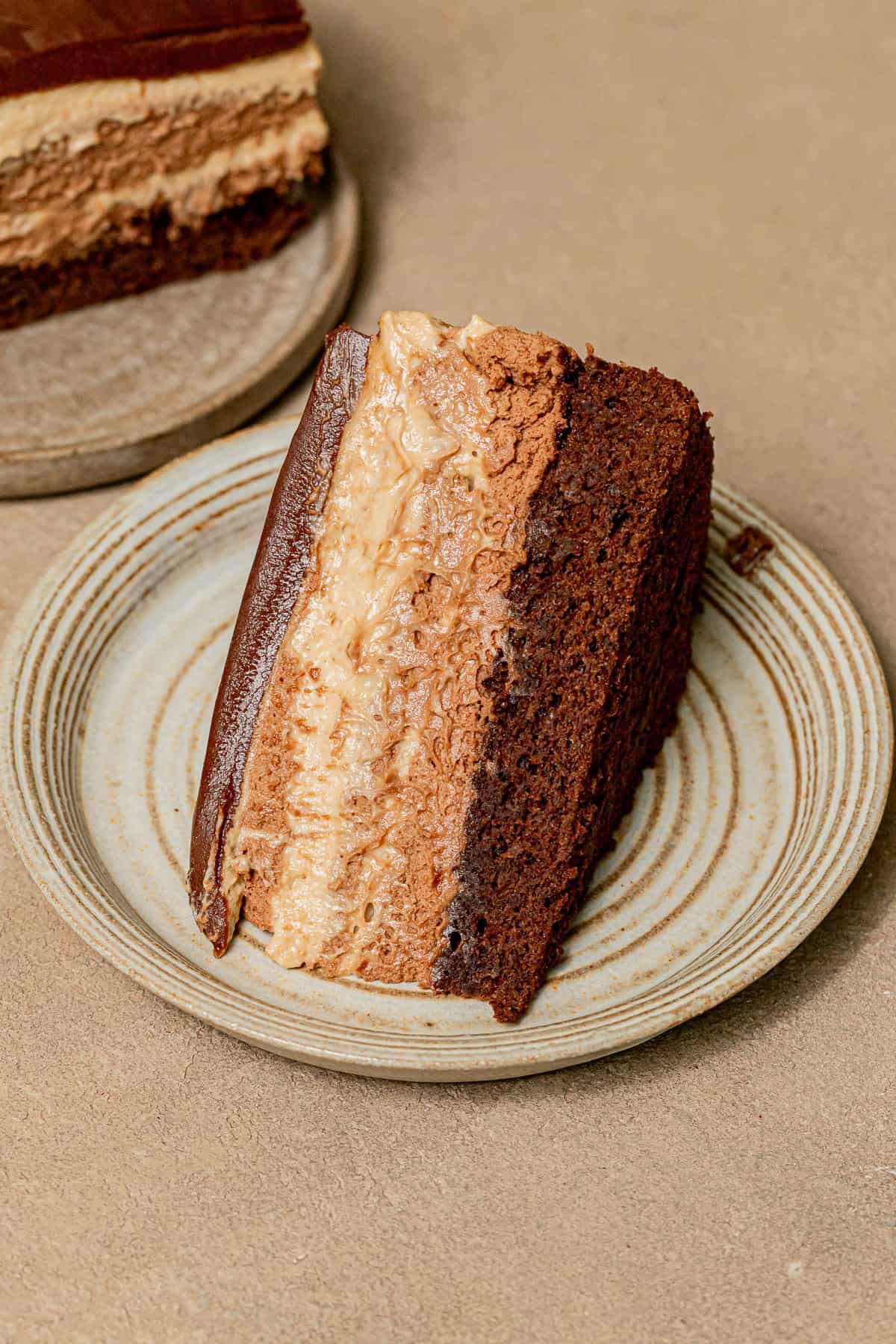 slice of Chocolate Peanut Butter Mousse Cake on plate.