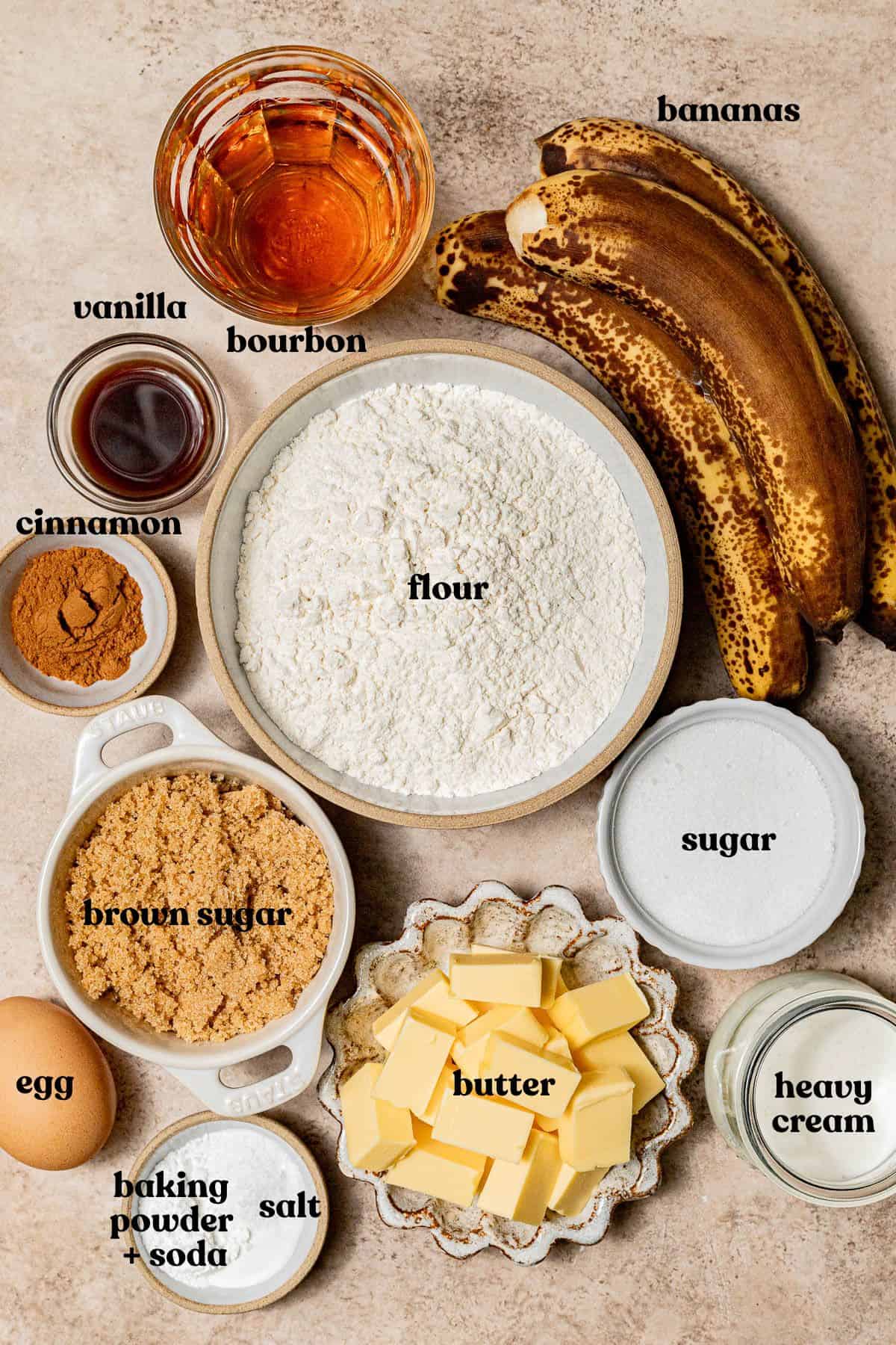 Bourbon Banana Bread ingredients.