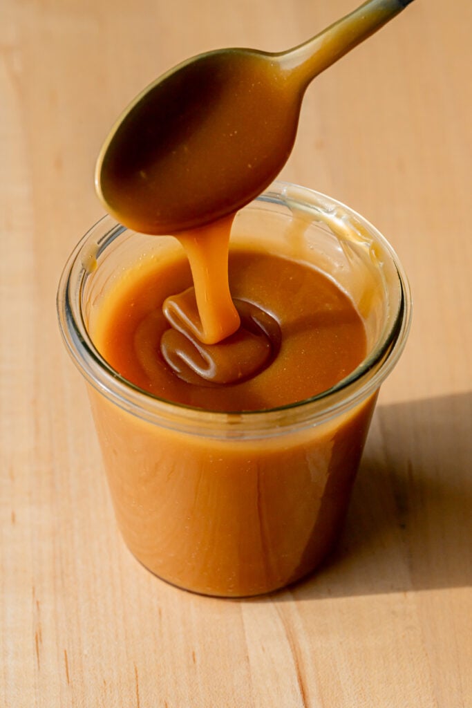bourbon caramel sauce in jar.