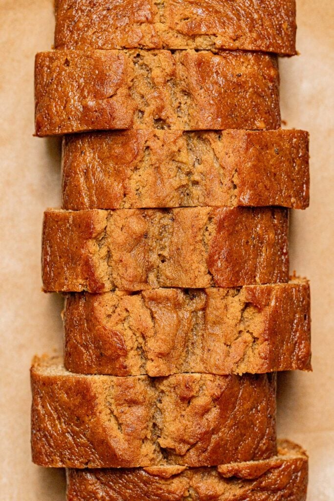 Bourbon Banana Bread cut into slices.