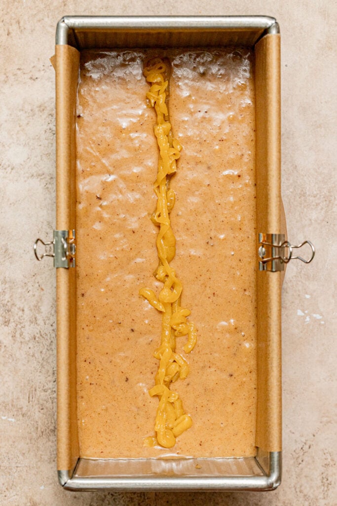 Bourbon Banana Bread batter in loaf pan.