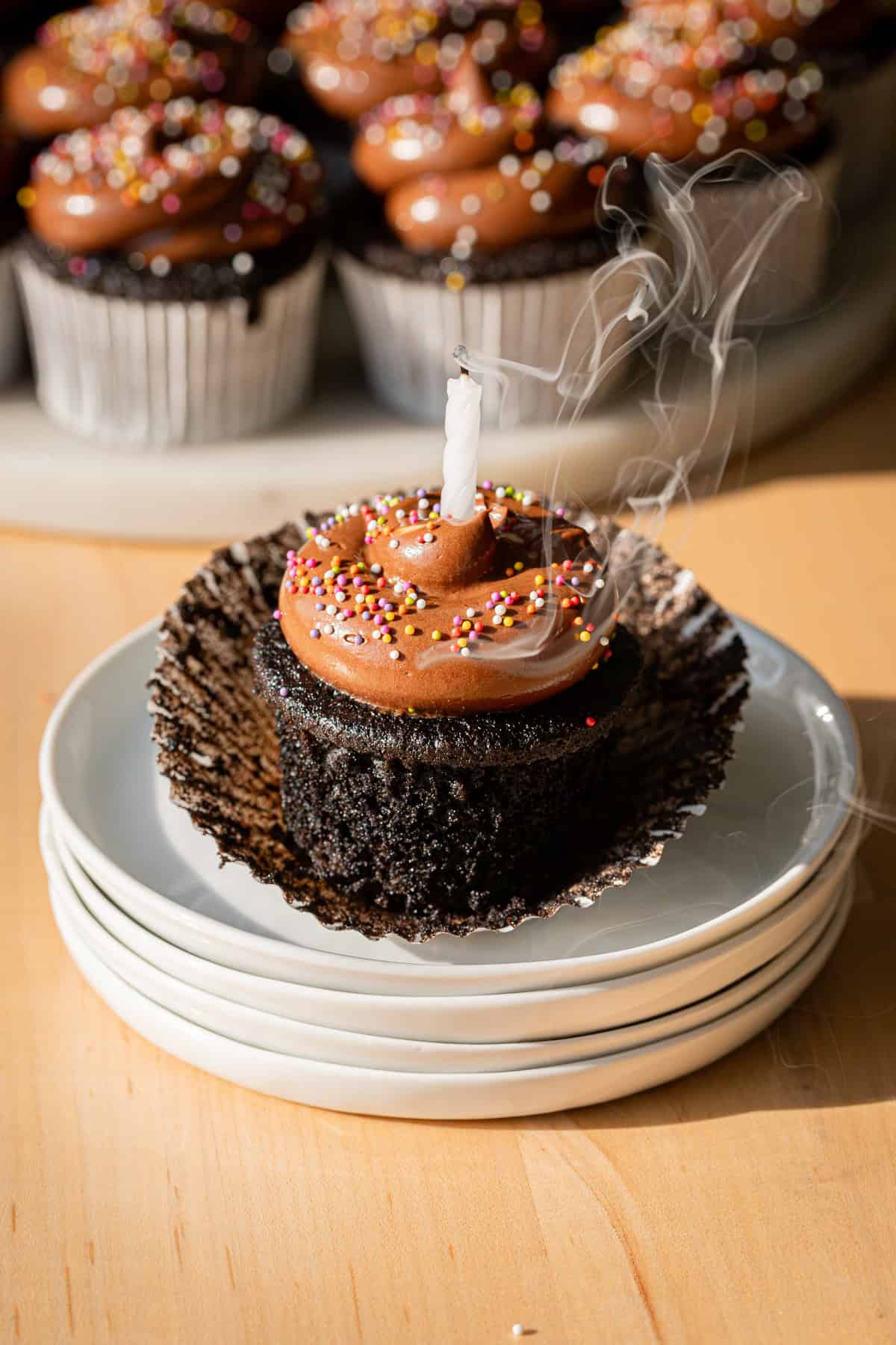 Double Chocolate Birthday Cupcake with candle blown out on plate stack.