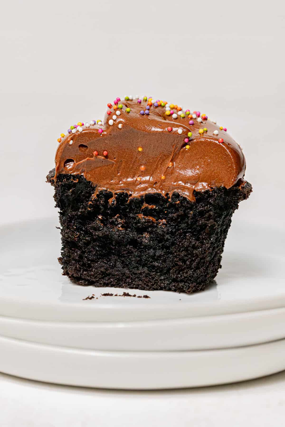 Double Chocolate Birthday Cupcake cut to reveal inside texture.