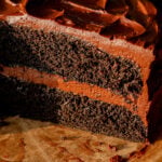 chocolate ganache cake cut to reveal inside texture.