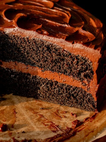 chocolate ganache cake cut to reveal inside texture.
