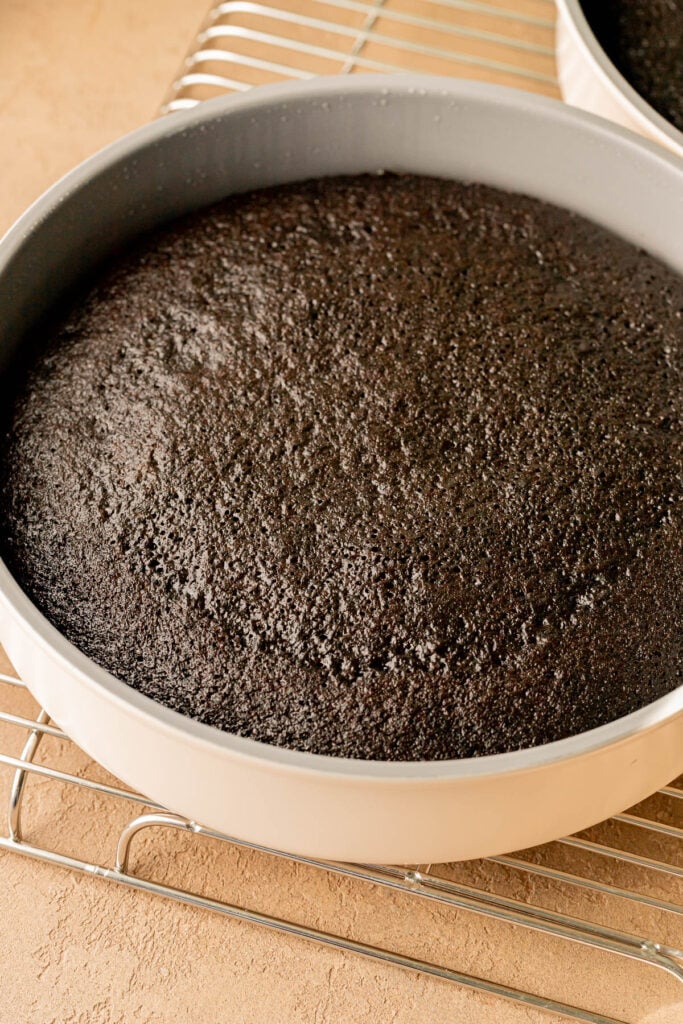 baked cake layers on wire rack.