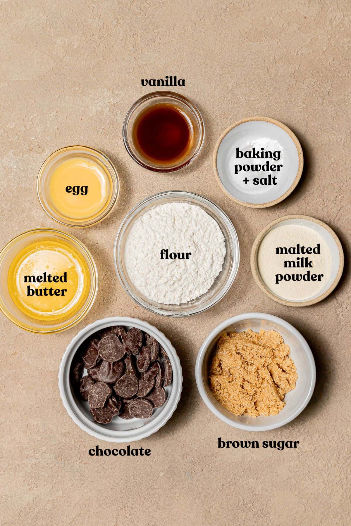 ingredients for single serve chocolate chip cookie.