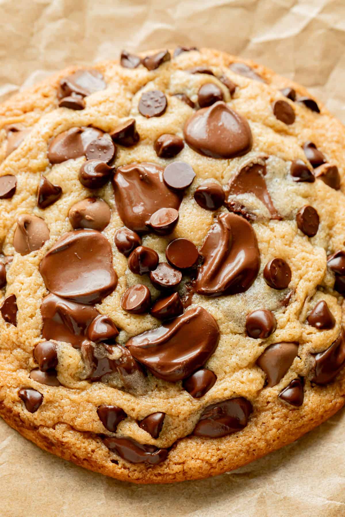single serve chocolate chip cookie on baking sheet.
