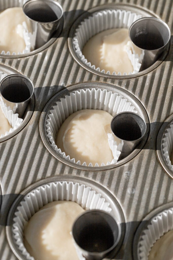 cupcake batter in cupcake pan.