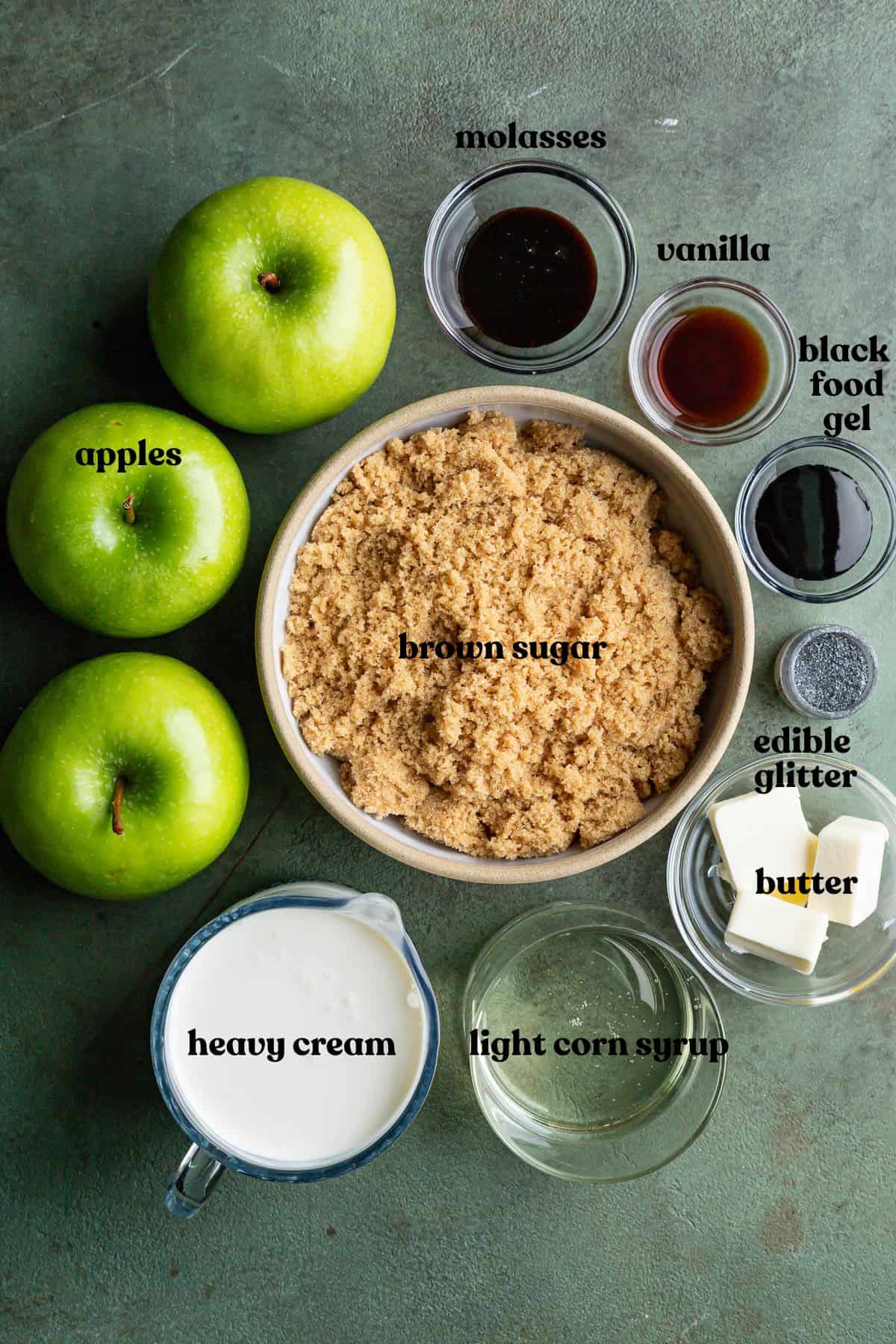 ingredients for Black Poison Caramel Apples.