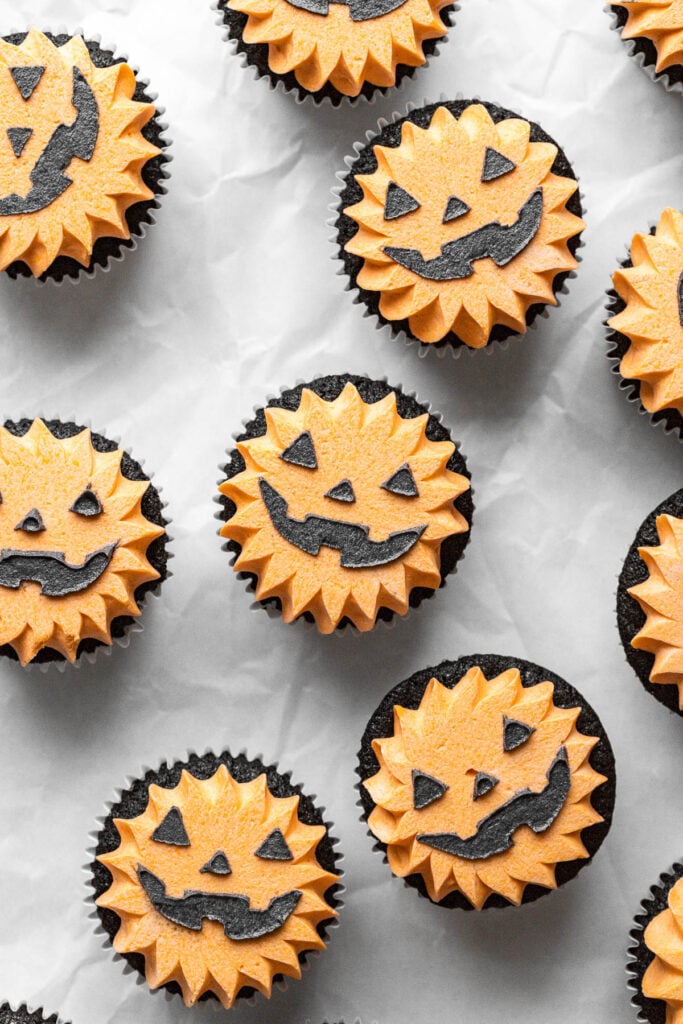 decorated Black Velvet Jack-O’-Lantern Cupcakes.