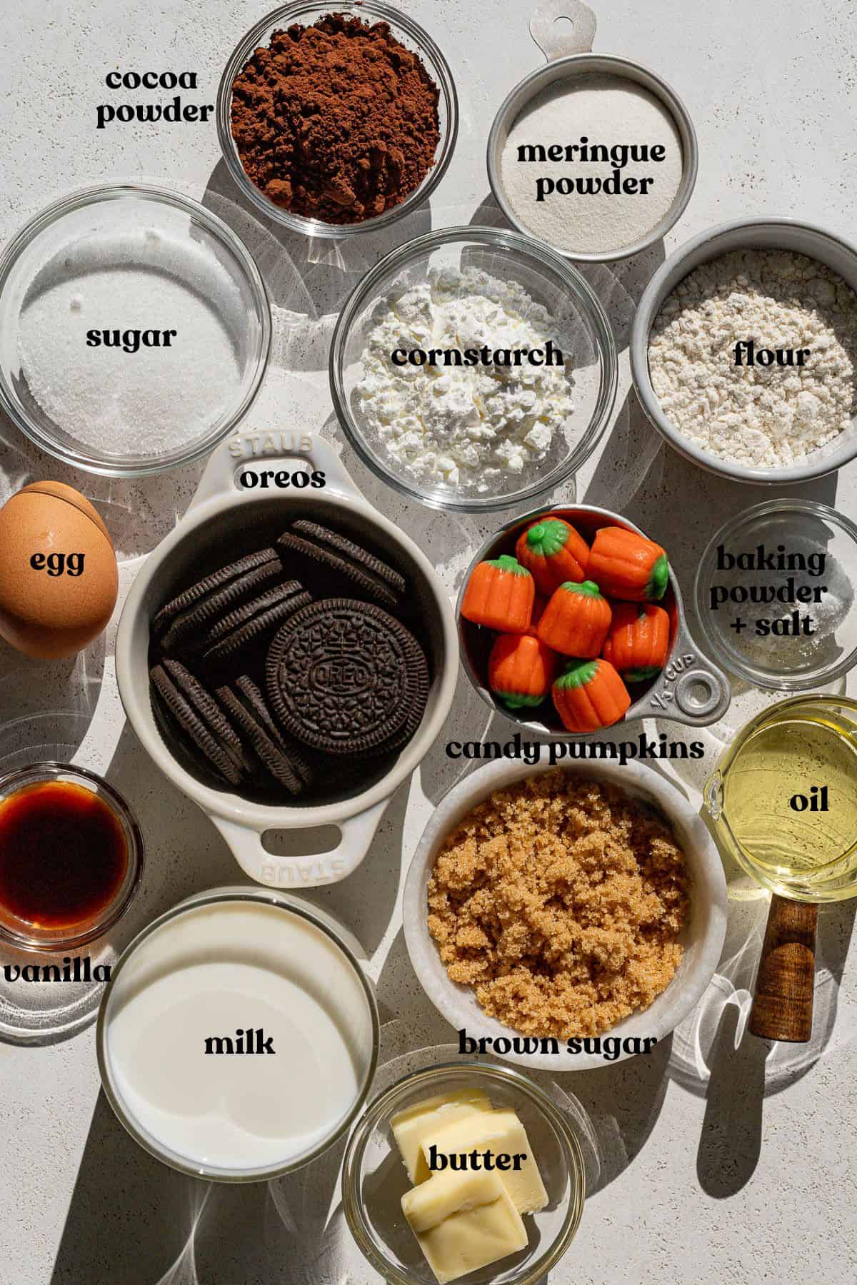 ingredients for Scoopable Pumpkin Patch Dirt Pudding Cake.
