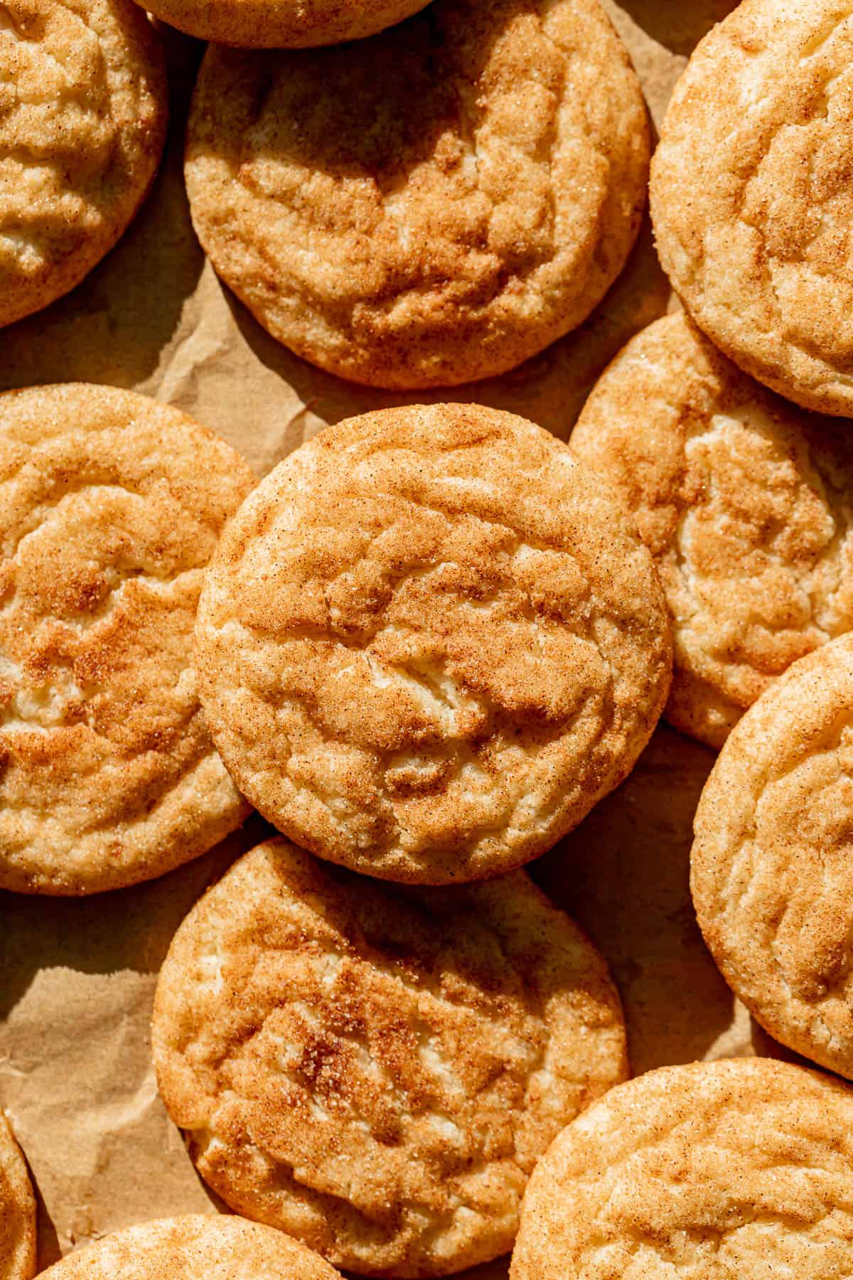 Thick & Soft Snickerdoodles on parchment paper.