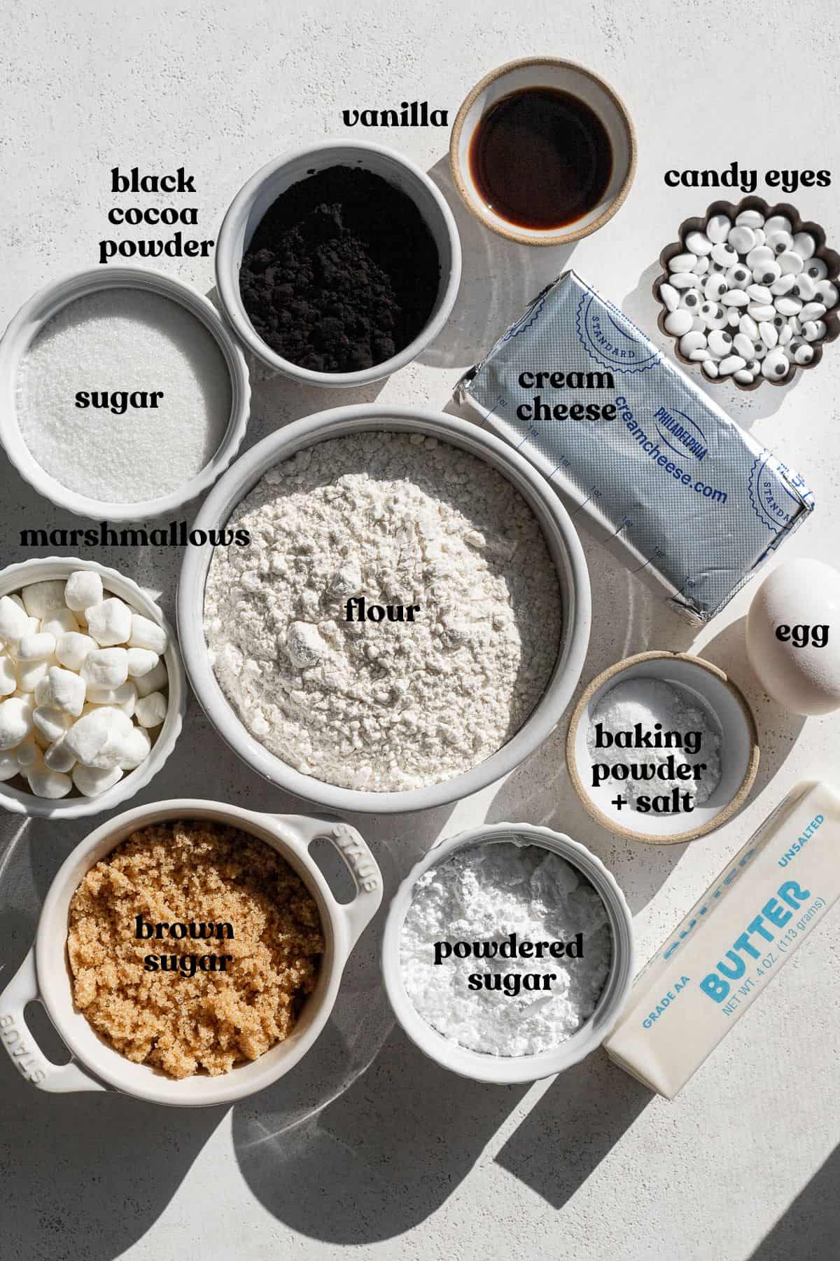 ingredients for Spiderweb Black Velvet Cheesecake Cookies.